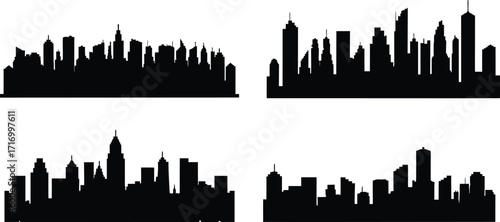 boston city skyline silhouette set set on transparent background. Set of black city silhouette. Night town skyline icons. Vector illustration.
