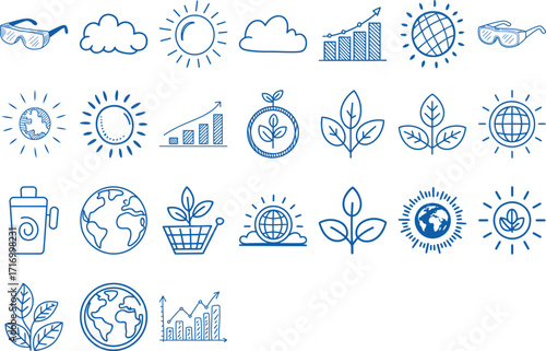 Fresh environmental doodles showcase earth, sun, growth, and sustainability concepts