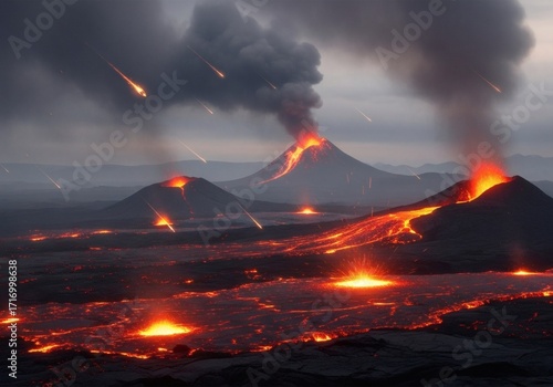 Hadean Eon Volcanic Eruptions with Meteor Showers and Molten Lava on Early Earth

