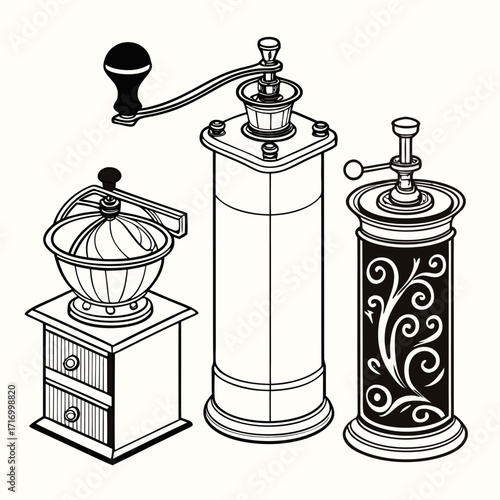Antique Coffee and Spice Grinders Collection Line Art