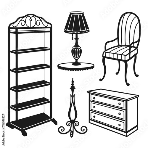 Antique Furniture and Lamp Silhouettes Keywords: furniture, antique, silhouette, chair, armchair