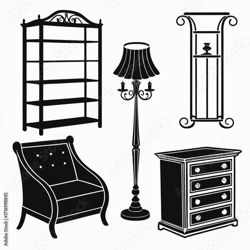 Antique Furniture Silhouettes with Ornate Details armchair