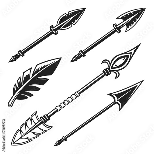 Assorted Spears and Feather Elements on White Background