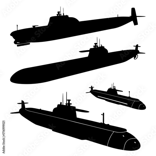Assorted Submarine Silhouettes Displayed on White underwater