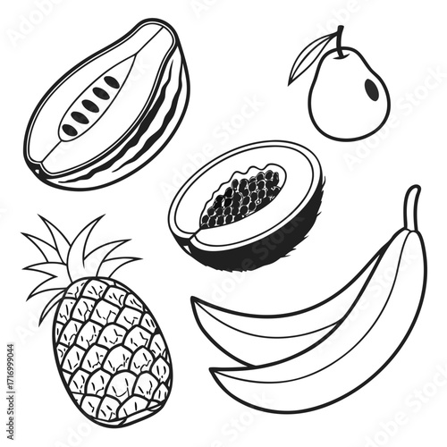 Assorted Tropical Fruits Line Art Black and White papaya