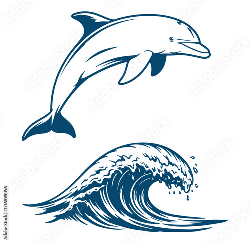 Blue dolphin leaping above ocean wave vector illustration against white background