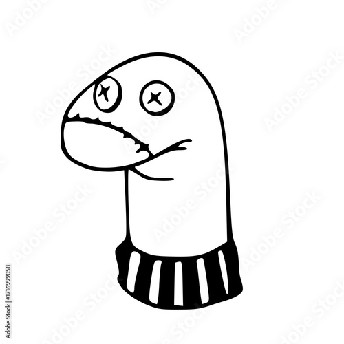 cartoon sock puppet character with x-eyes