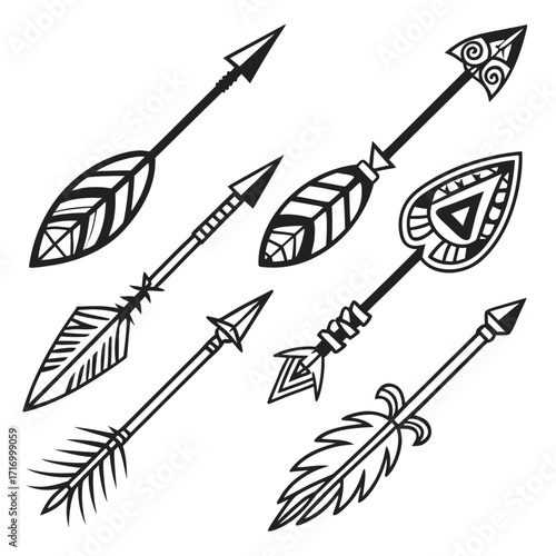 Assorted Tribal Arrows with Decorative Fletching Black and White