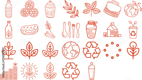 Sustainable living icons promoting eco-friendly lifestyle choices and zero waste movement