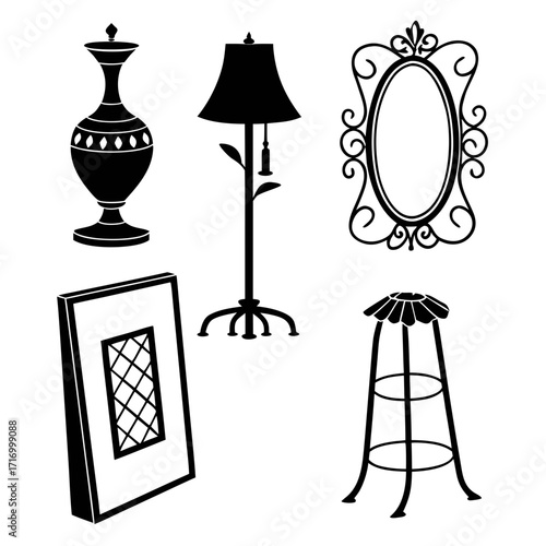 Assortment of antique decorative items and furniture silhouettes Keywords: vase, urn, amphora