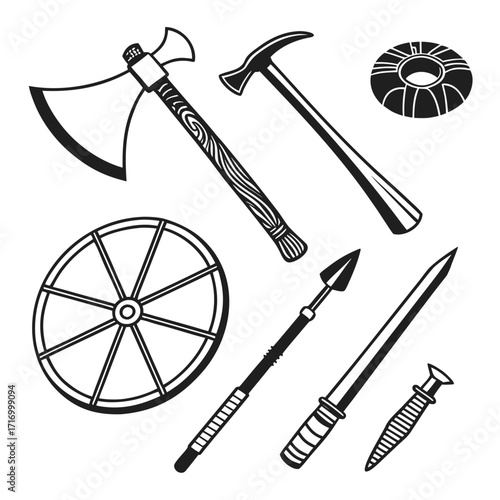 Assortment of Ancient Weapons and Tools pickaxe