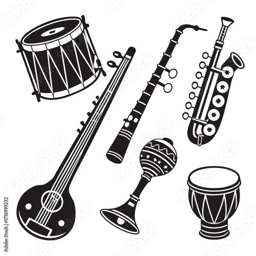 Assortment of Indian Musical Instruments Silhouette