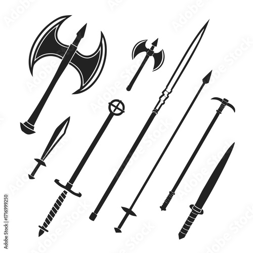 Assortment of Medieval Weapon Silhouettes On White Background Keywords: medieval weapons, weapon