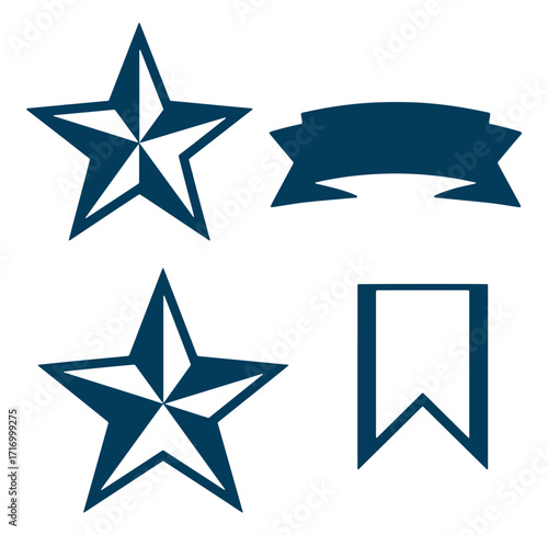 Collection of dark blue star shapes ribbon and bookmark design elements on white background