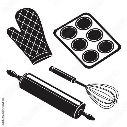 Baking utensils including oven mitt, rolling pin, whisk, and muffin tin
