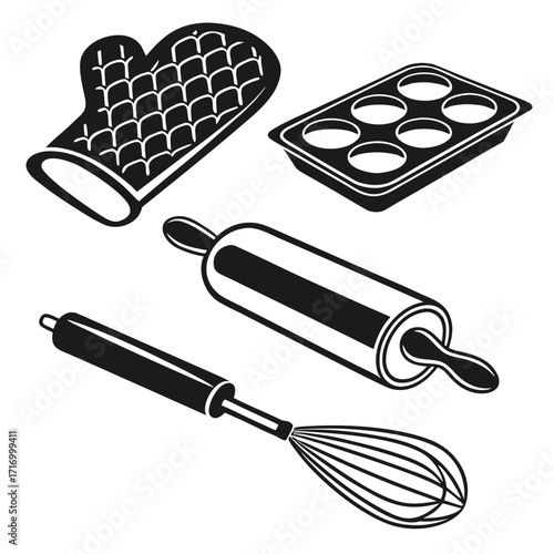 Baking Utensils Rolling Pin Whisk Muffin Pan Oven Mitt Keywords: baking, cooking, kitchen