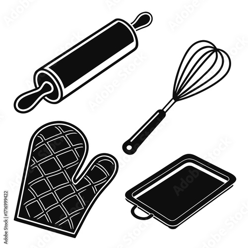 Baking Utensils Rolling Pin Oven Mitt Muffin Tray Whisk Keywords: baking, cooking, kitchen