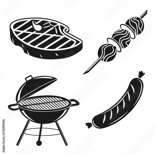 Barbecue grill, steak, sausage, and meat skewers