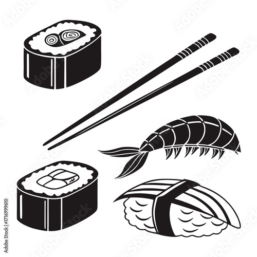 Black and White Sushi and Chopsticks Illustration maki
