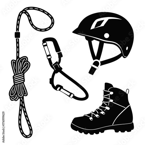 Black Climbing Gear Icons With Rope Helmet Boot Carabiner