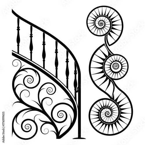 Black ornate staircase railing and spiral design banister