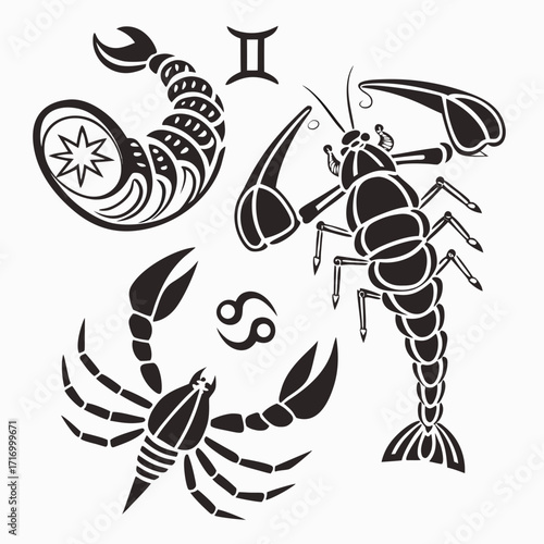 Black Scorpions, Lobster, and Zodiac Signs on White Keywords: scorpio, lobster, zodiac