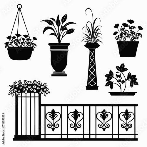 Black Silhouette Potted Plants and Balcony Railing