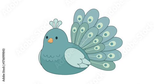 Stylized Illustration of a Turquoise Bird with Decorative Tail Feathers on a White Background