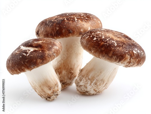 Three fresh mushrooms isolated. The caps are a rich brown color, and the stems are thick and white. They are a staple of culinary delight.