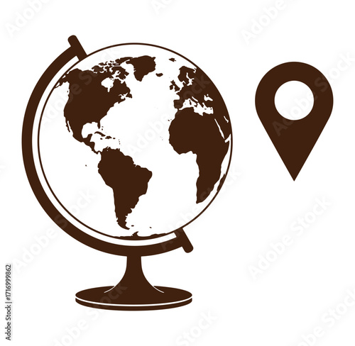 Earth globe with location pin represents travel navigation and worldwide destinations