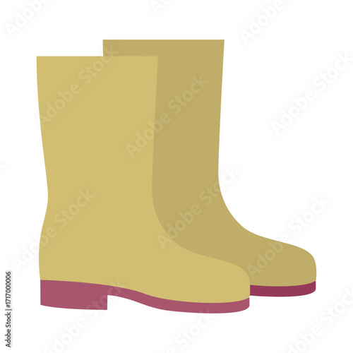 Pair of tan colored rain boots with purple soles and a flat heel