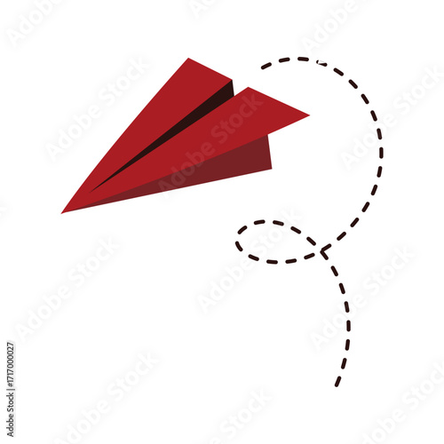 Red Paper Airplane Flying With Dotted Trail Against White Background