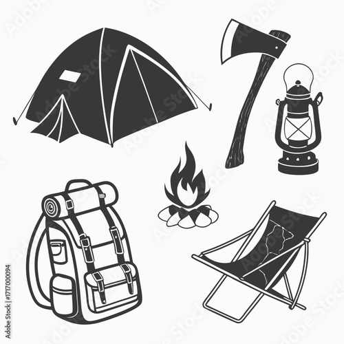 Camping Gear Icons with Folding Chair and Rolled Mat
