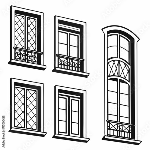 Collection of five architectural window designs in black and white