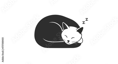 Stylized feline slumber illustration showcasing serene black and white sleeping cat design, capturing peaceful feline rest, promoting themes of
