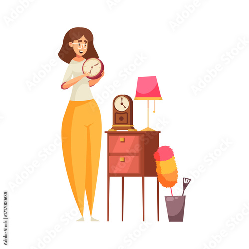 Woman holding a clock with nightstand, lamp, duster and wastebasket cartoon