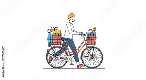 Person on a bicycle loaded with groceries and shopping bags representing sustainable transport and urban lifestyle choices depicting eco-friendly