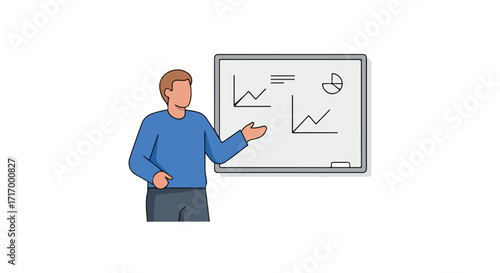 Faceless figure presenting graphical business data on whiteboard with upward trending lines and a pie chart demonstrating financial growth trend