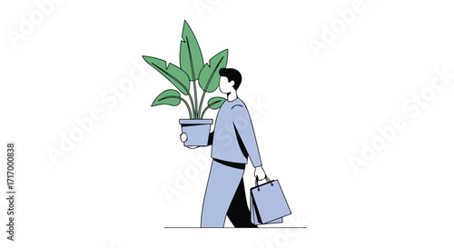 Minimalist illustration of a man carrying a potted plant and shopping bags representing urban greenery and sustainable lifestyle choices and home