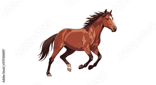Dynamic chestnut horse illustration showcasing power and grace in full gallop on white expanse with flowing mane and tail
