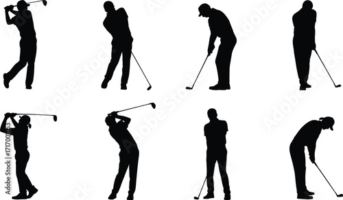 Golf player silhouettes vector collection, people playing golf with clubs in different poses, sport activity illustration, golfer swing, outdoor game design