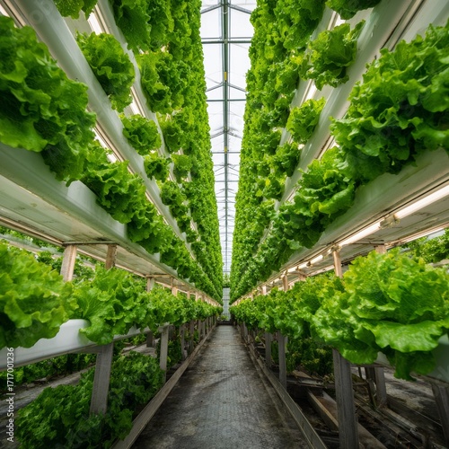 Vertical farming of fresh lettuce plants in a greenhouse, showcasing an innovative agricultural method for sustainable food production. The image highlights rows of vibrant.