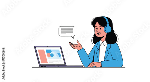 Cartoon vector illustration of a woman with headset, representing customer service, business communication and online assistance providing helpful