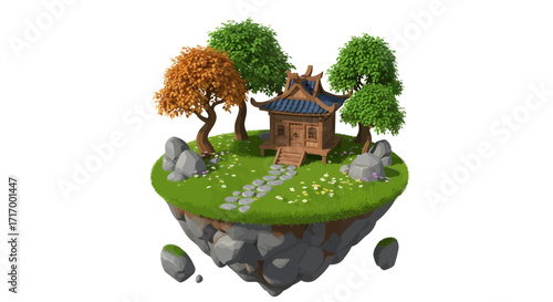 3D render of a whimsical wooden house on a floating island, surrounded by lush green trees and rocks, against a white background, showcasing a vibrant, earthy color