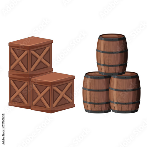 Wooden Crate and Barrel Stack Isolated on White Background