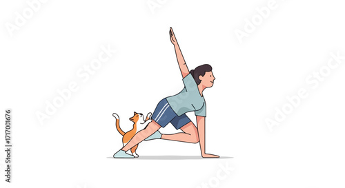 Whimsical Illustration: Woman Practicing Yoga with Curious Cat Companion in Minimalist Style Digital Artwork Depicting Fitness at Home with Pet