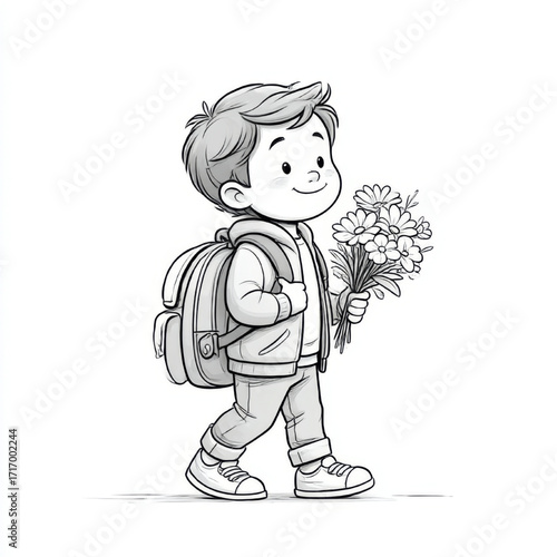 Happy cartoon boy cheerfully walking with backpack and flowers, representing school or appreciation, on a white background.