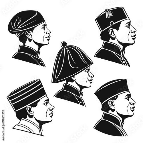 Five Profile Silhouettes of Men in Traditional Headwear