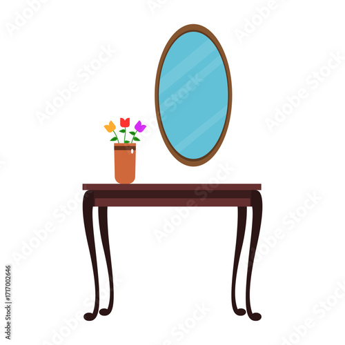 Classic wooden console table with a decorative oval mirror and a bright floral bouquet