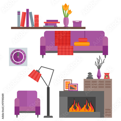 Modern Living Room Interior Design with Fireplace, Sofa and Armchair